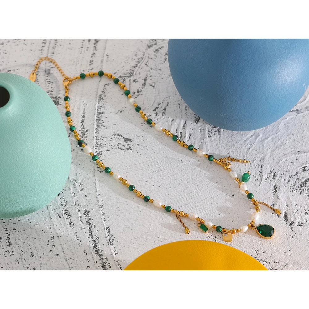 Isalene  Necklaces Emerald Green Emerald Charm Pearl Necklace
