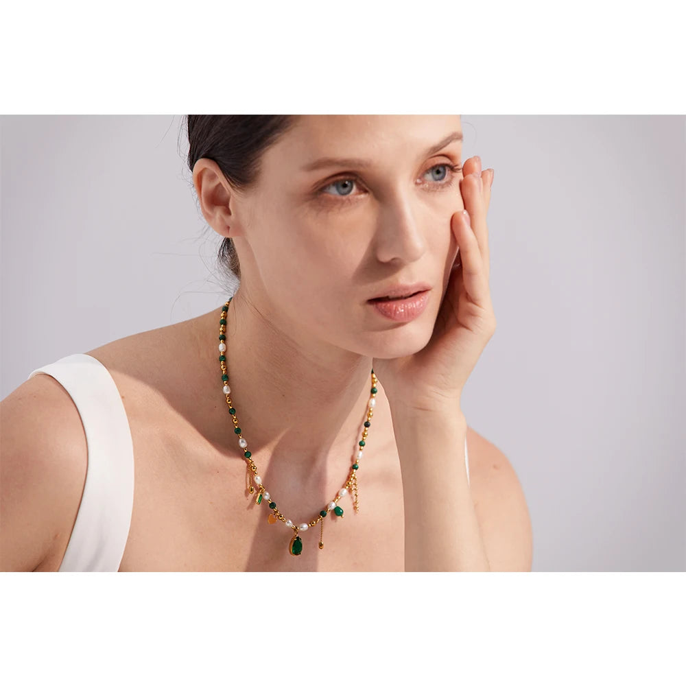 Isalene  Necklaces Emerald Green Emerald Charm Pearl Necklace