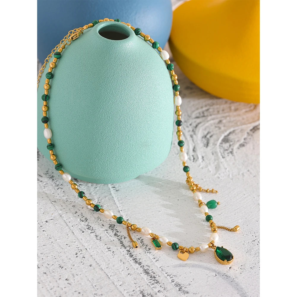 Isalene  Necklaces Emerald Green Emerald Charm Pearl Necklace