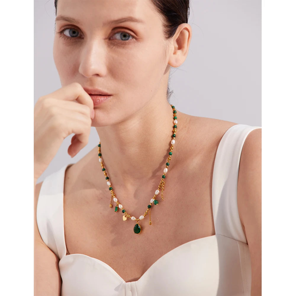 Isalene  Necklaces Emerald Green Emerald Charm Pearl Necklace