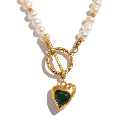 Isalene  Necklaces Emerald Heart Rosalie Heart Pearl Necklace