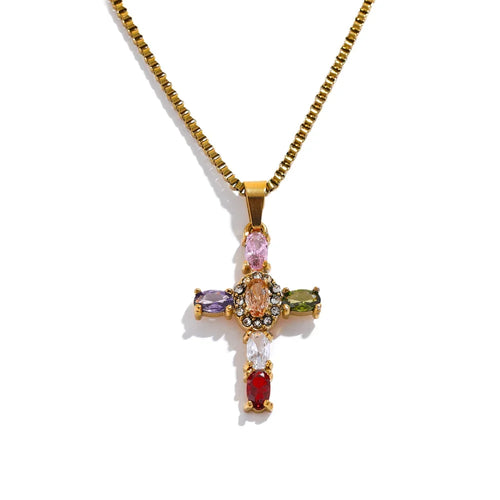 Isalene  Necklaces Gold Aurora Gemstone Cross Necklace