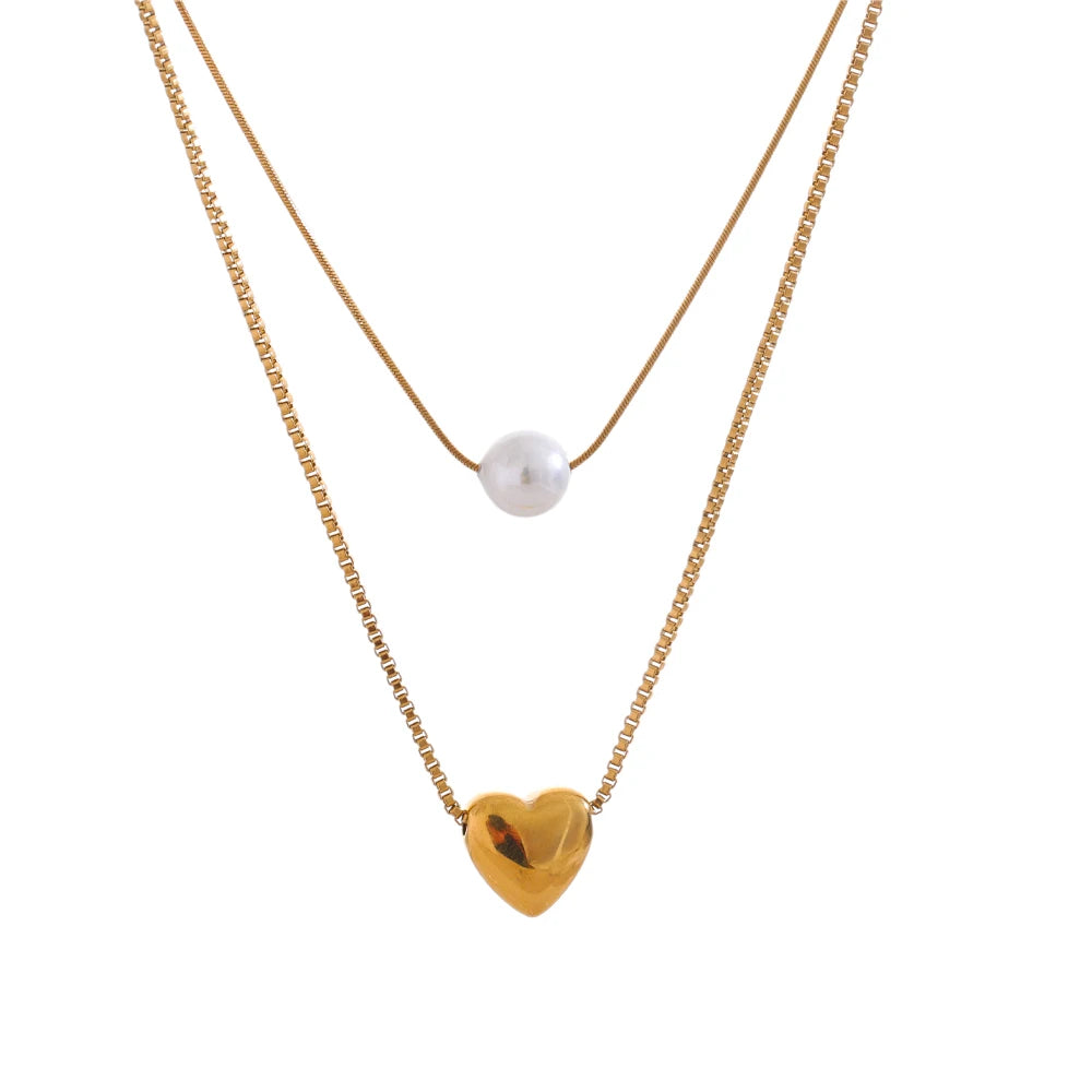Isalene  Necklaces Gold Aurora Pearl & Heart Layered Necklace