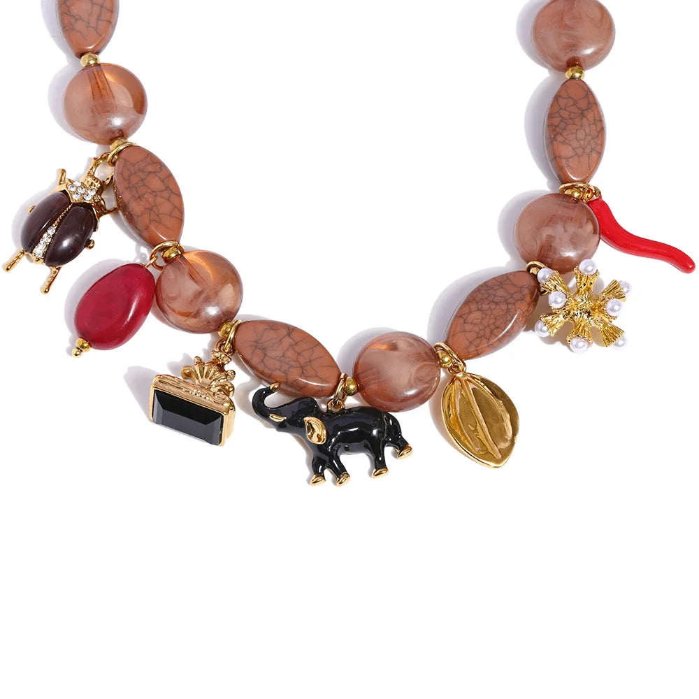 Isalene  Necklaces Gold / Brown Marbled Beads / Adjustable (16–18 inches) Wanderer Charm Strand