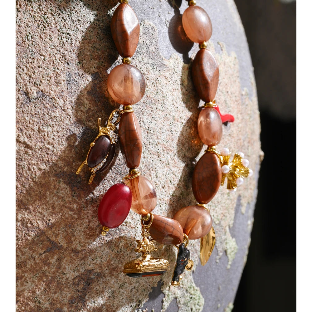 Isalene  Necklaces Gold / Brown Marbled Beads / Adjustable (16–18 inches) Wanderer Charm Strand