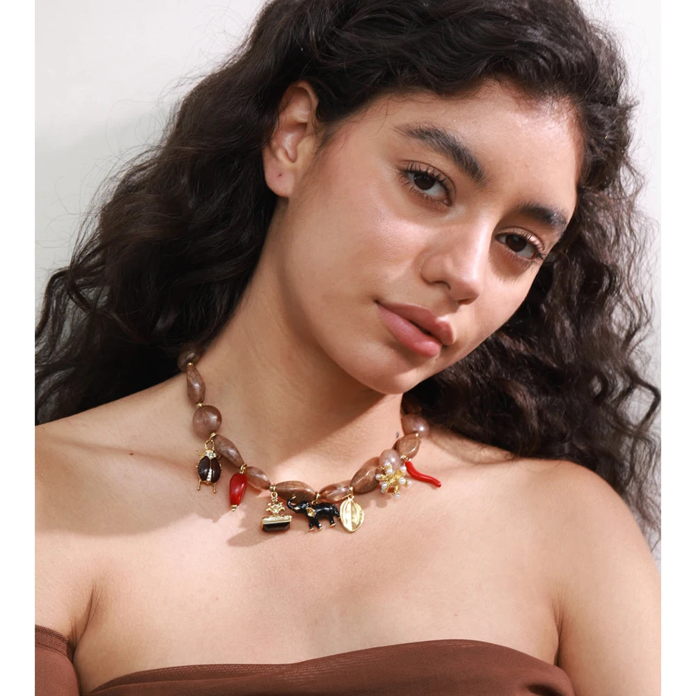 Isalene  Necklaces Gold / Brown Marbled Beads / Adjustable (16–18 inches) Wanderer Charm Strand