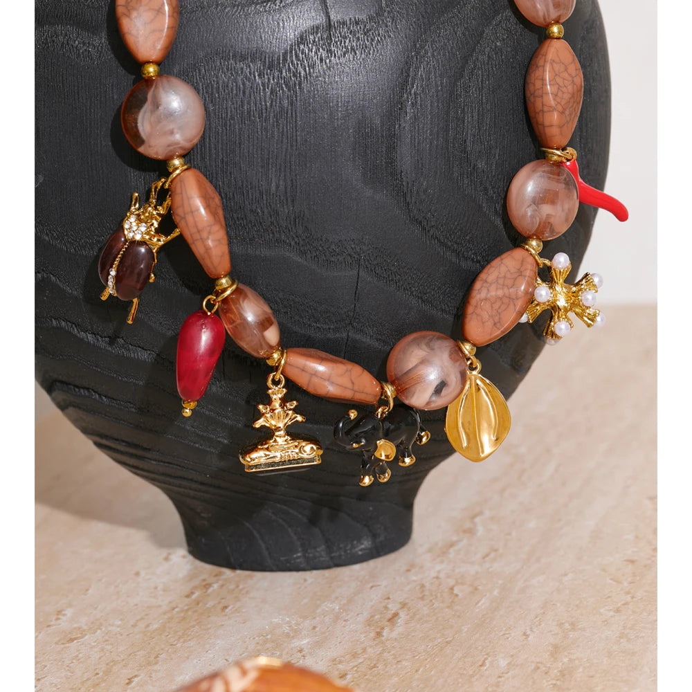 Isalene  Necklaces Gold / Brown Marbled Beads / Adjustable (16–18 inches) Wanderer Charm Strand