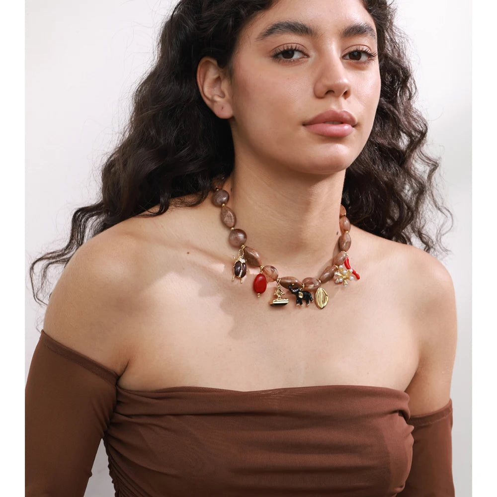 Isalene  Necklaces Gold / Brown Marbled Beads / Adjustable (16–18 inches) Wanderer Charm Strand