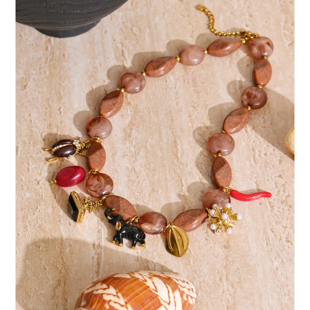 Isalene  Necklaces Gold / Brown Marbled Beads / Adjustable (16–18 inches) Wanderer Charm Strand