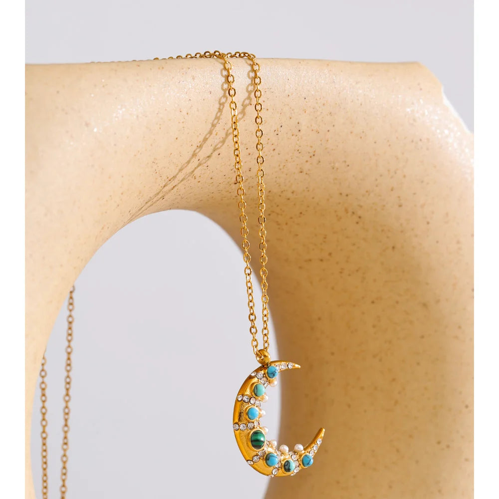 Isalene  Necklaces Gold Celestial Moonstone Crescent Necklace
