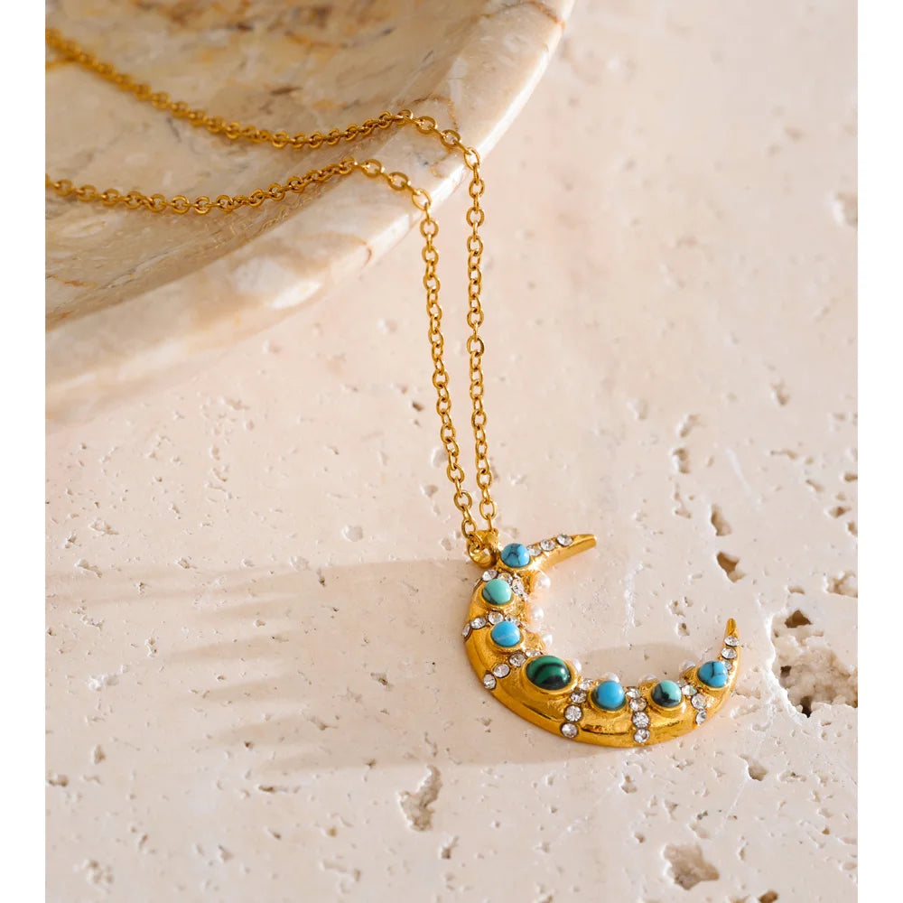 Isalene  Necklaces Gold Celestial Moonstone Crescent Necklace