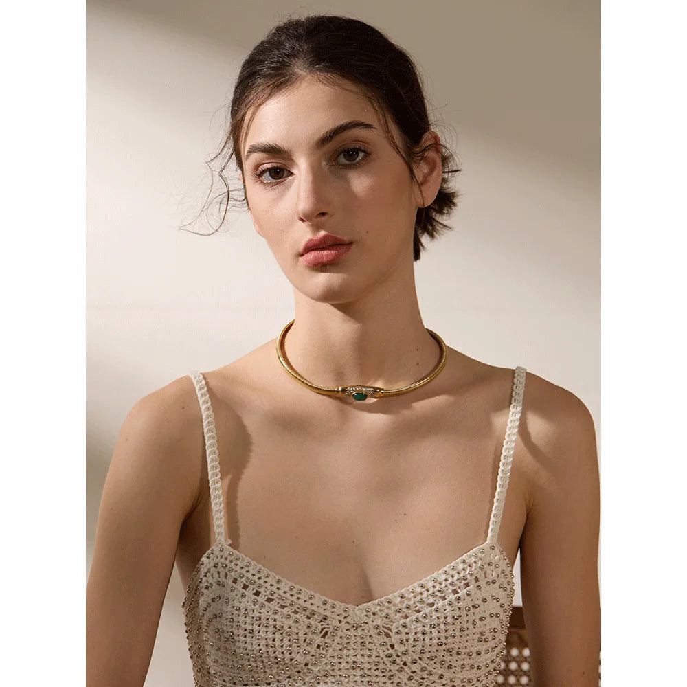 Isalene  Necklaces Gold Green Stone Snake Necklace