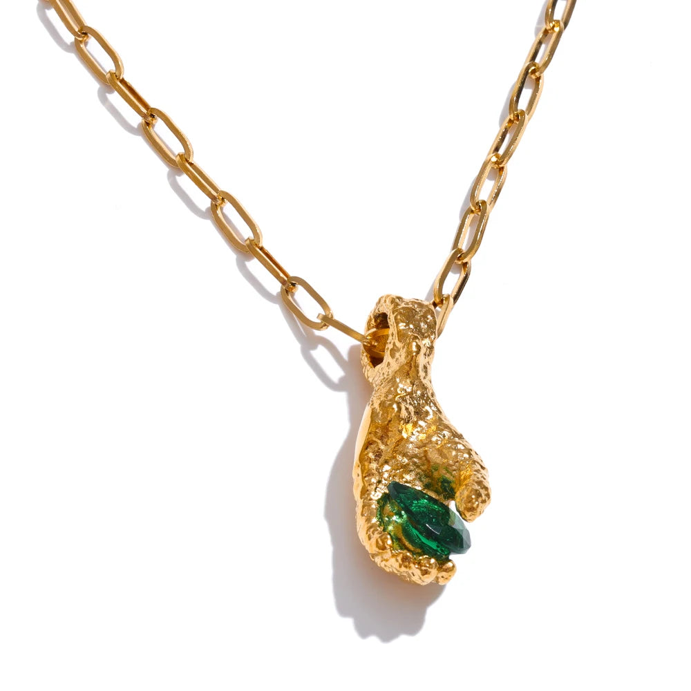 Isalene  Necklaces Gold / Green Stone Verdant Relic Hand Necklace
