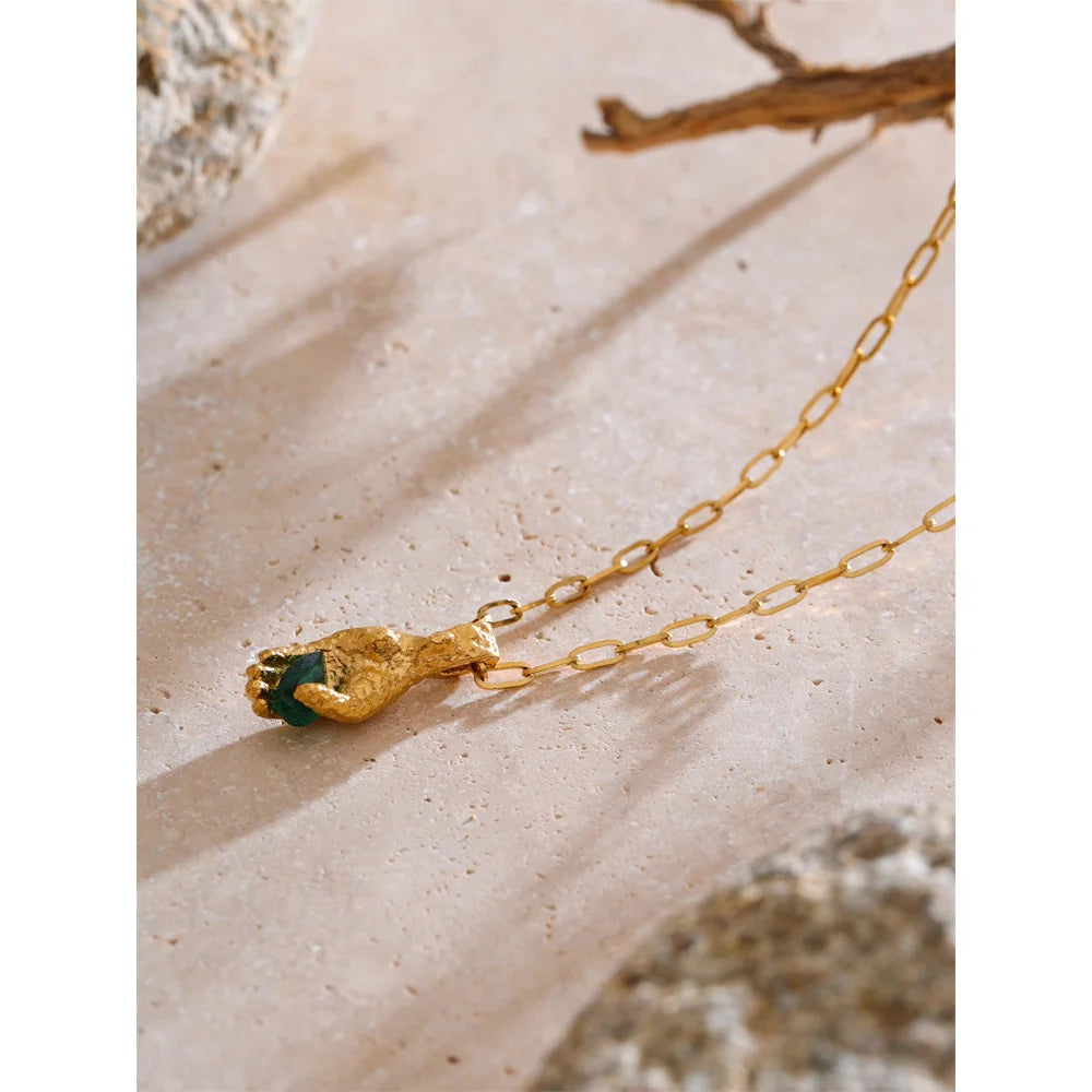 Isalene  Necklaces Gold / Green Stone Verdant Relic Hand Necklace