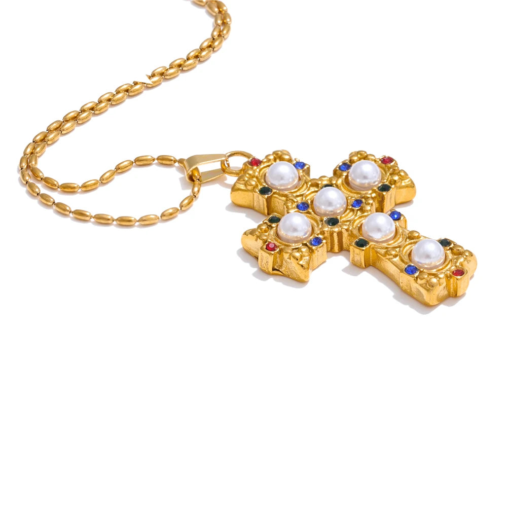 Isalene  Necklaces Gold Pearl Cross Pendant Necklace
