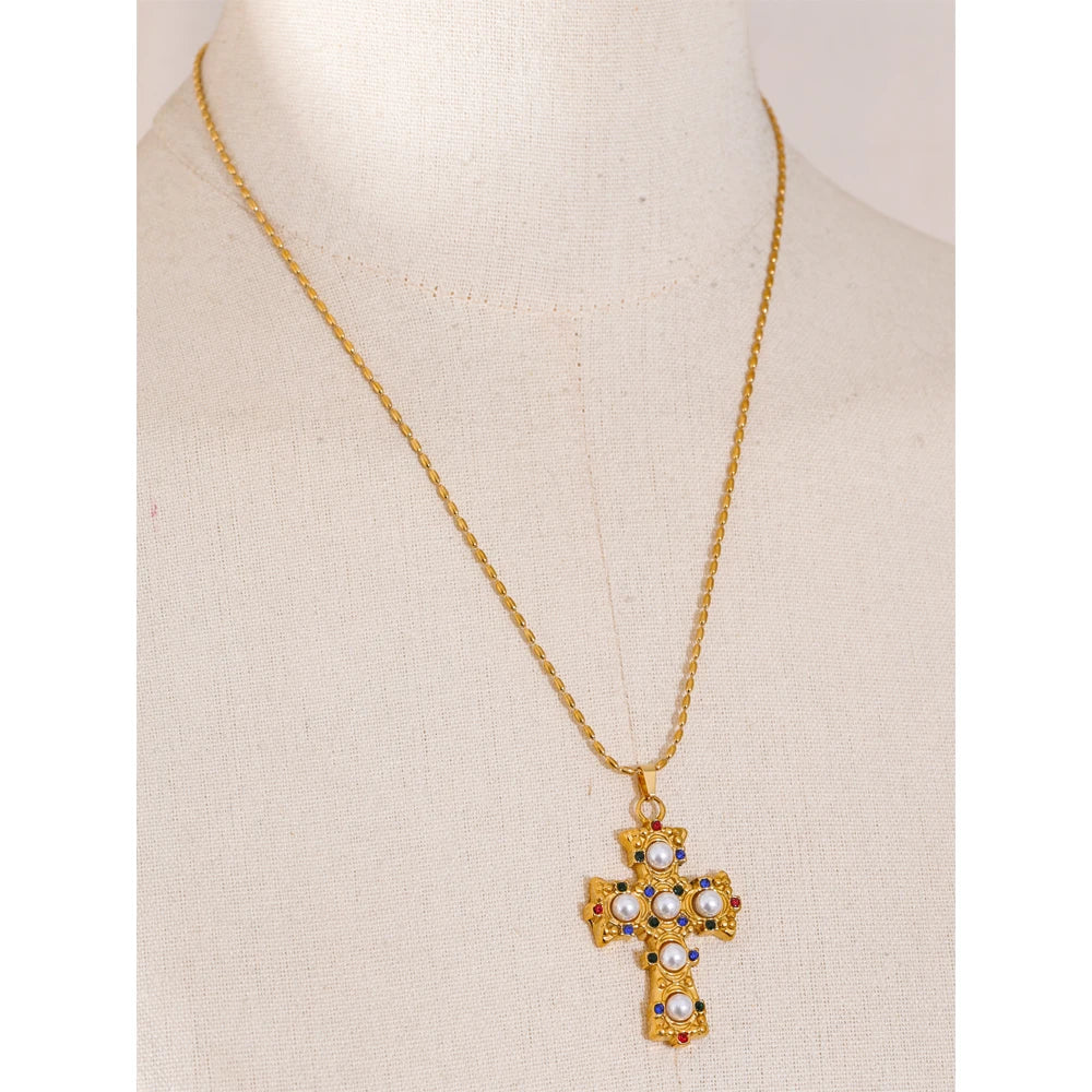 Isalene  Necklaces Gold Pearl Cross Pendant Necklace