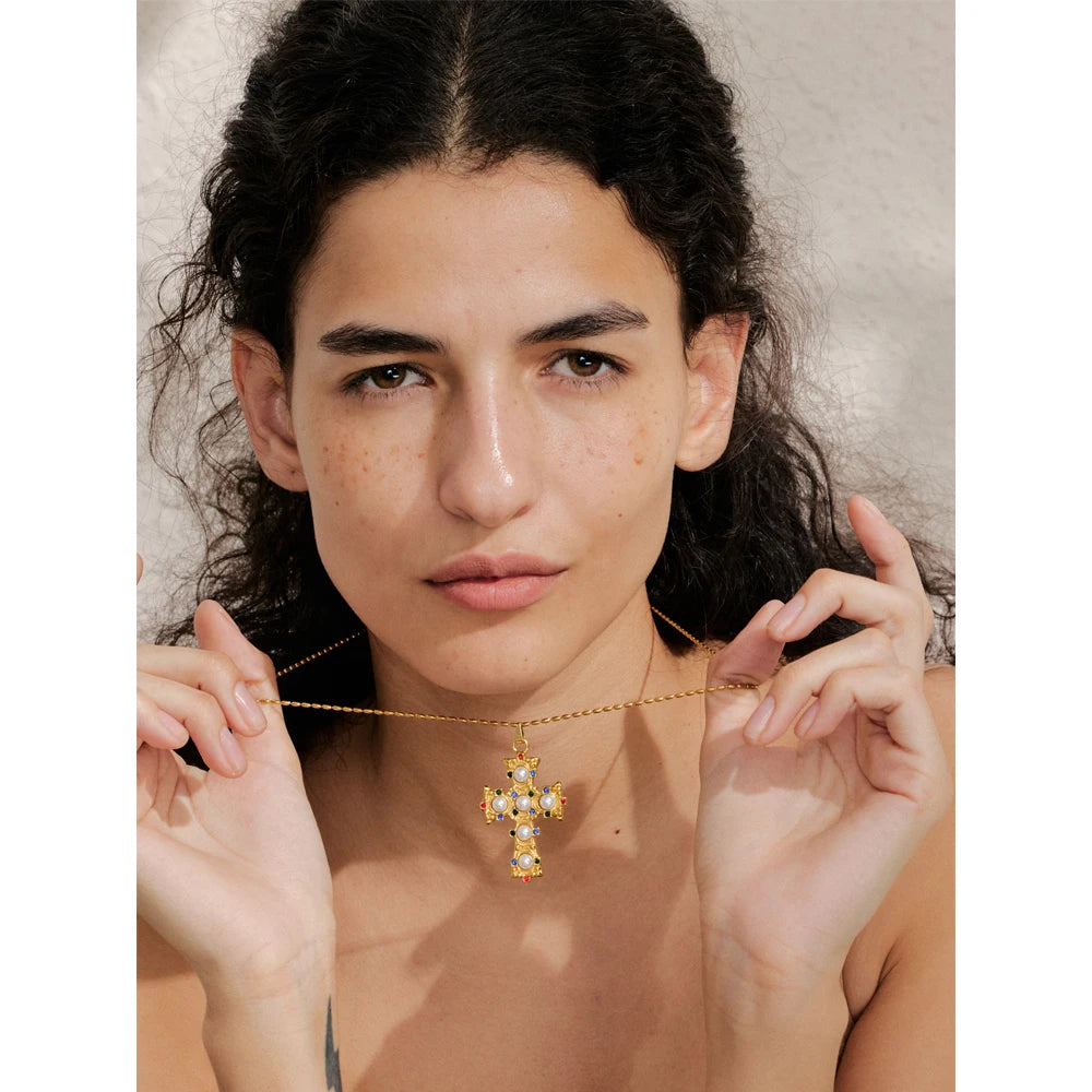 Isalene  Necklaces Gold Pearl Cross Pendant Necklace