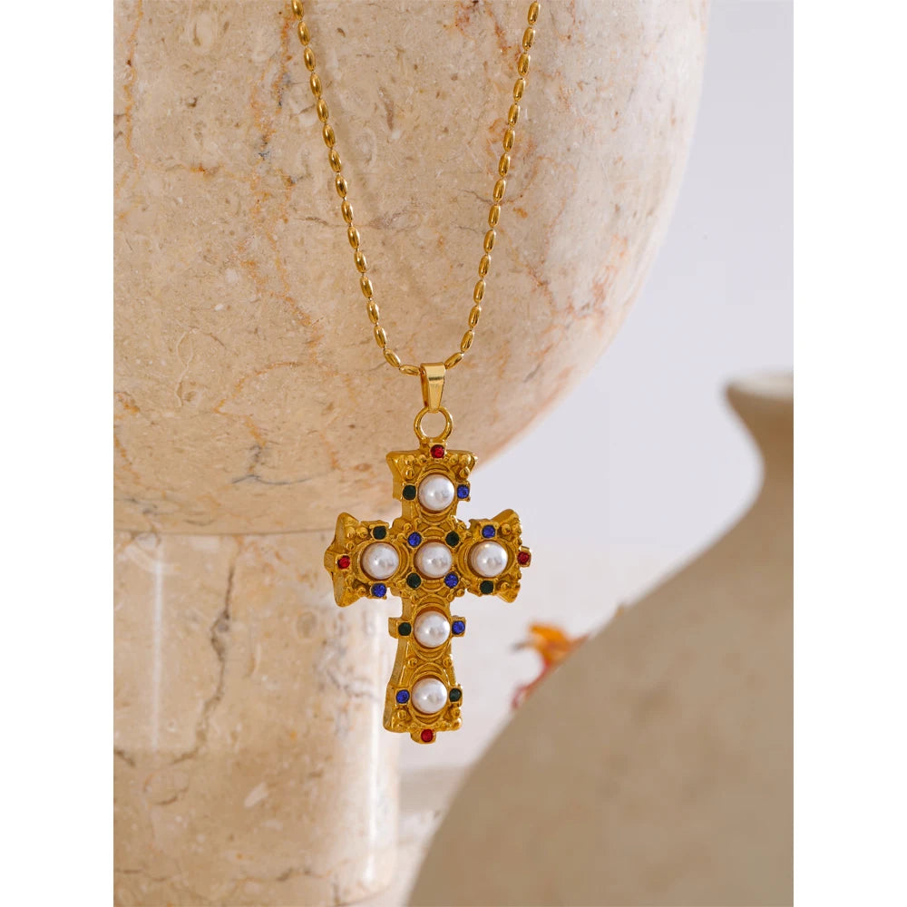 Isalene  Necklaces Gold Pearl Cross Pendant Necklace