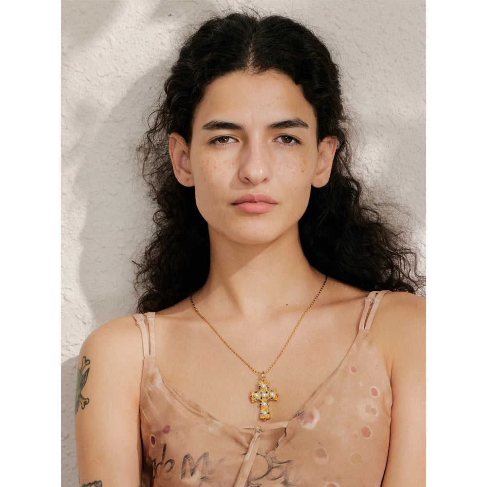 Isalene  Necklaces Gold Pearl Cross Pendant Necklace