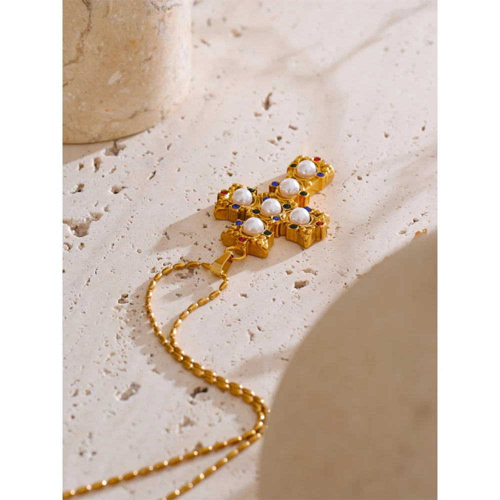 Isalene  Necklaces Gold Pearl Cross Pendant Necklace