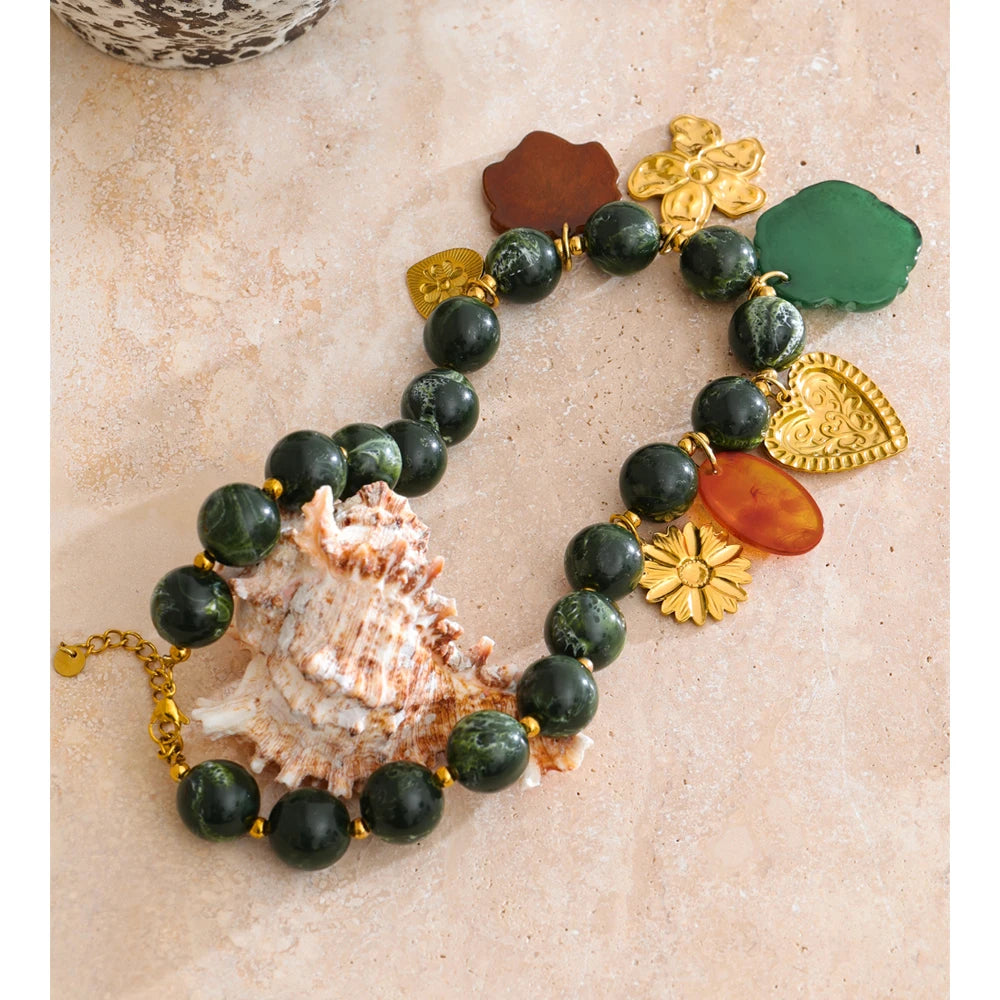 Isalene  Necklaces Gold Verdant Charm Beaded Necklace