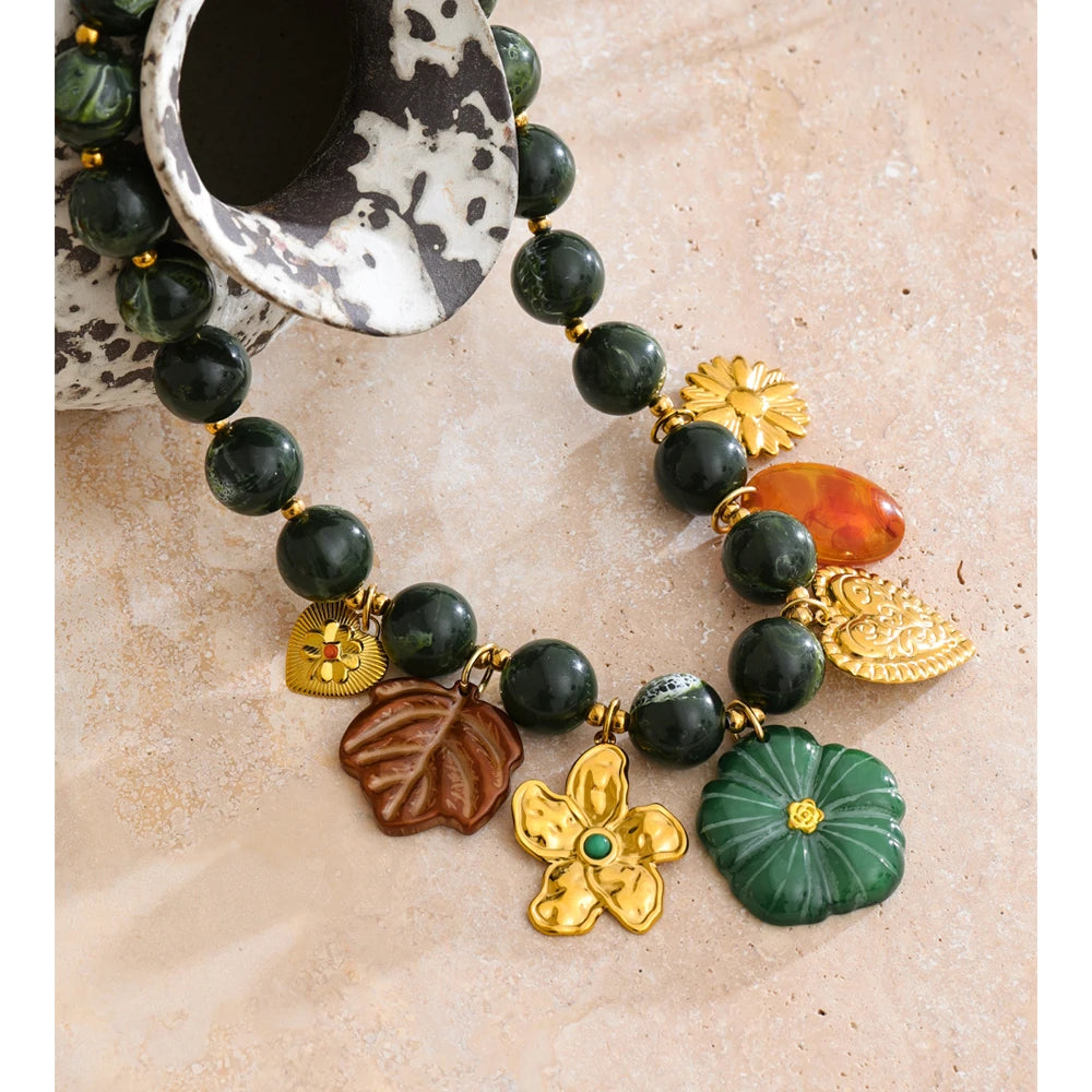 Isalene  Necklaces Gold Verdant Charm Beaded Necklace