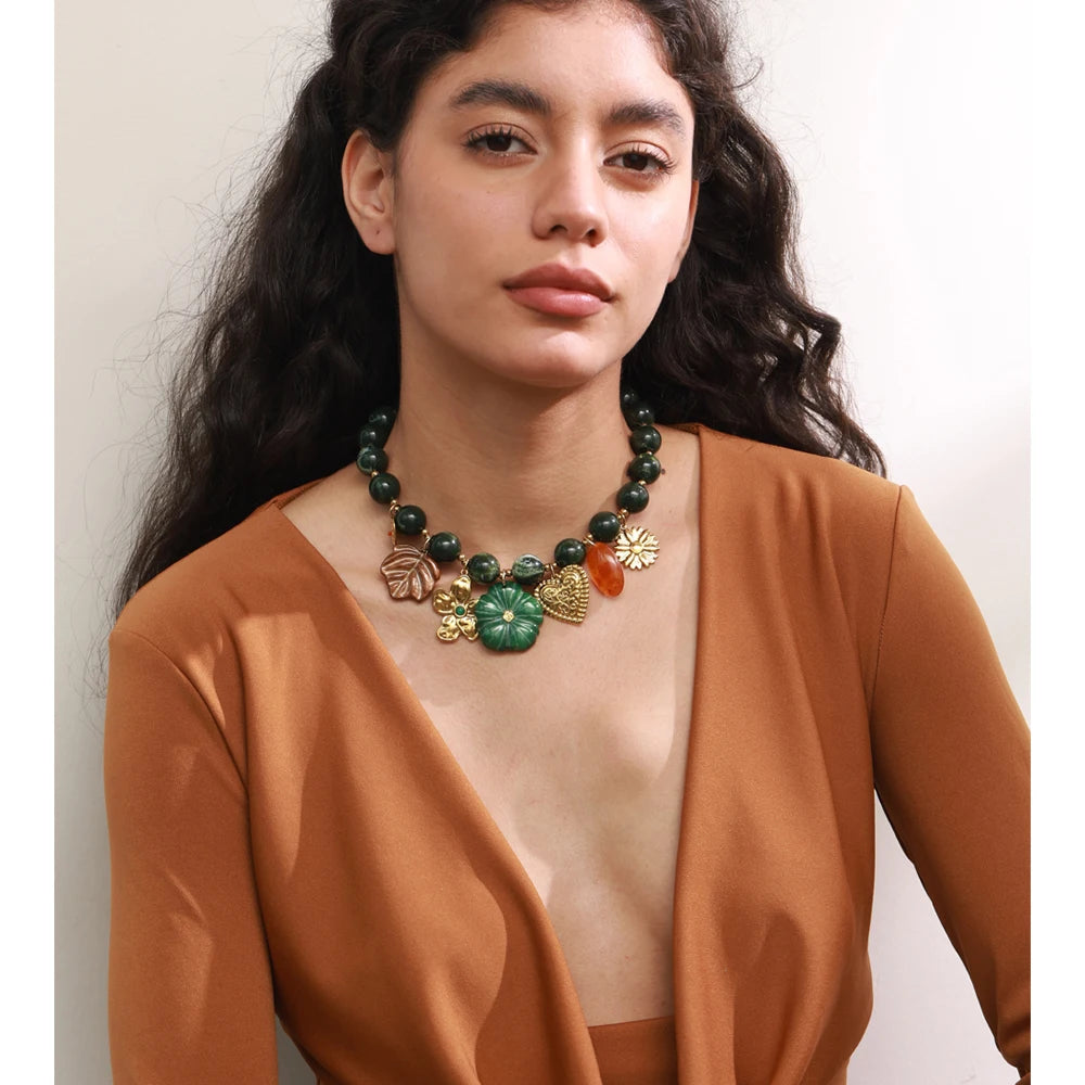 Isalene  Necklaces Gold Verdant Charm Beaded Necklace