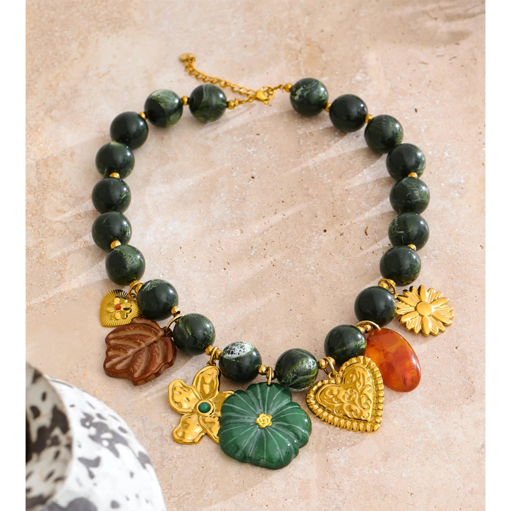 Isalene  Necklaces Gold Verdant Charm Beaded Necklace