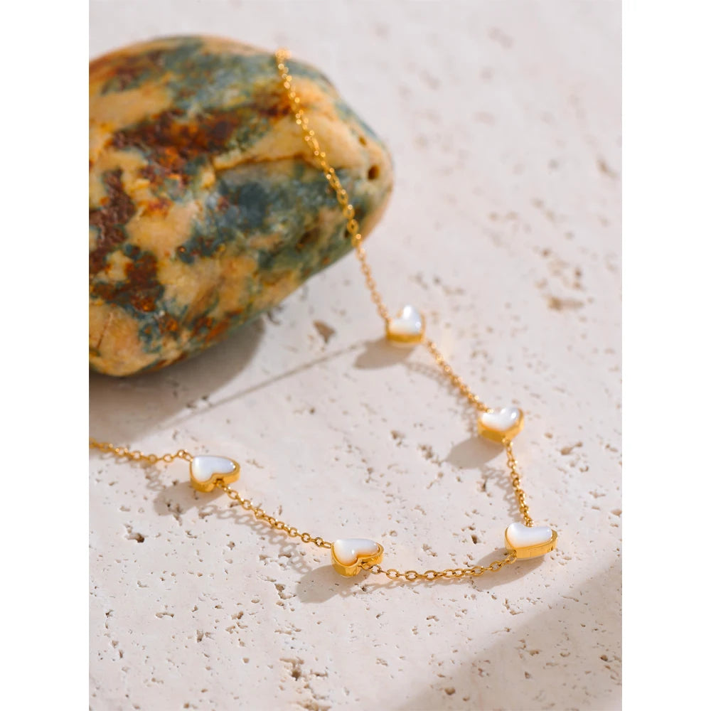 Isalene  Necklaces Gold White Heart Station Necklace