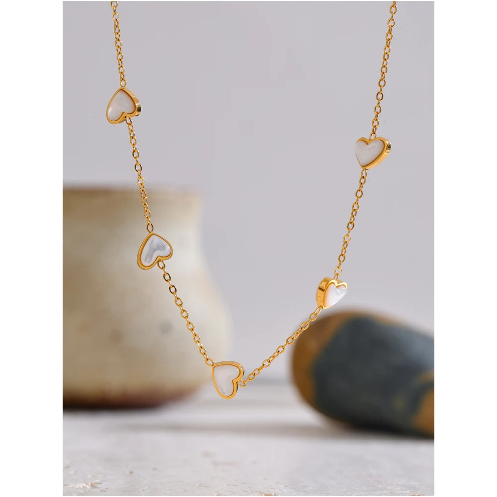Isalene  Necklaces Gold White Heart Station Necklace