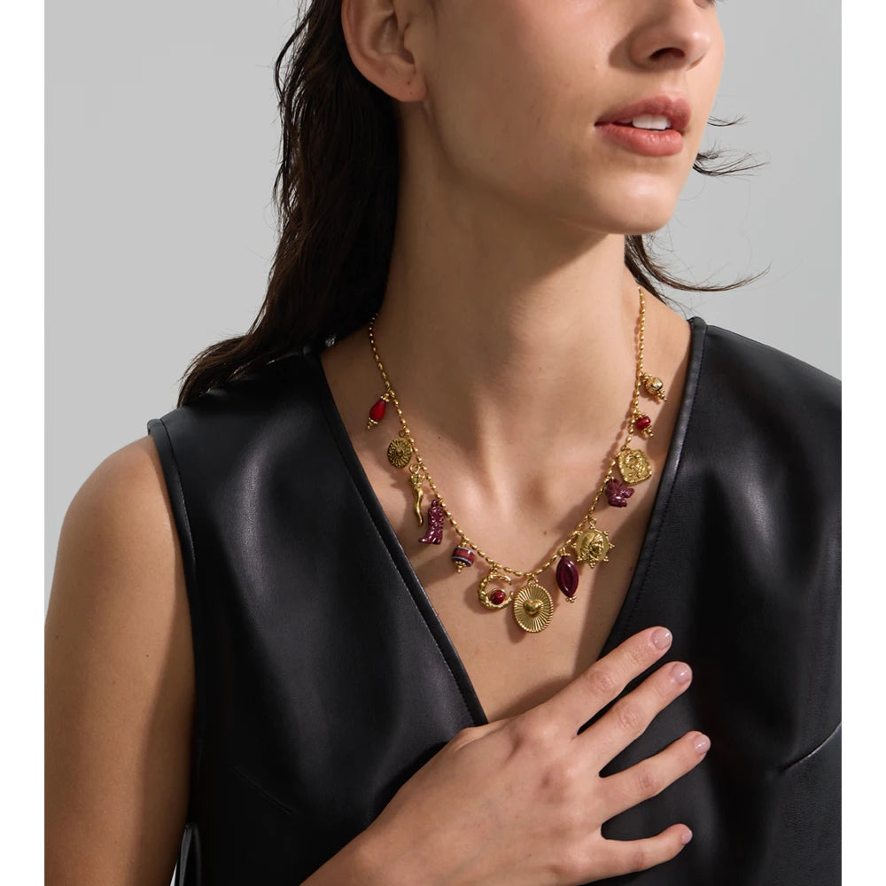 Isalene  Necklaces Gold / Wine Charm Mix / Adjustable 16–18 in Marisol Charm Medallion Necklace