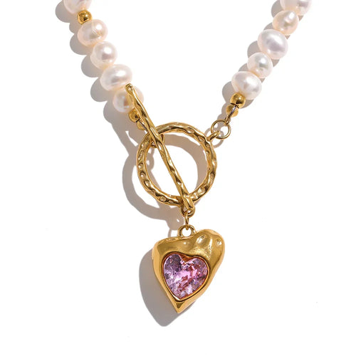 Isalene  Necklaces Pink Heart Rosalie Heart Pearl Necklace