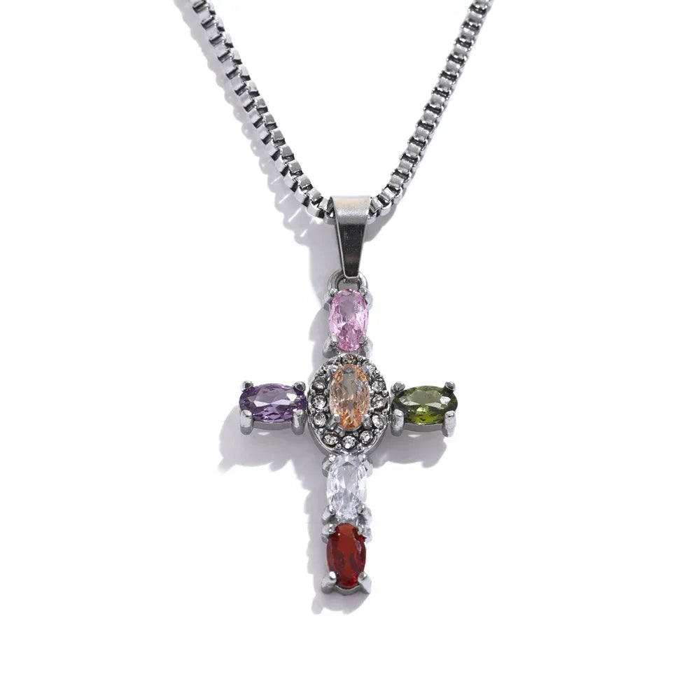 Isalene  Necklaces Silver Aurora Gemstone Cross Necklace