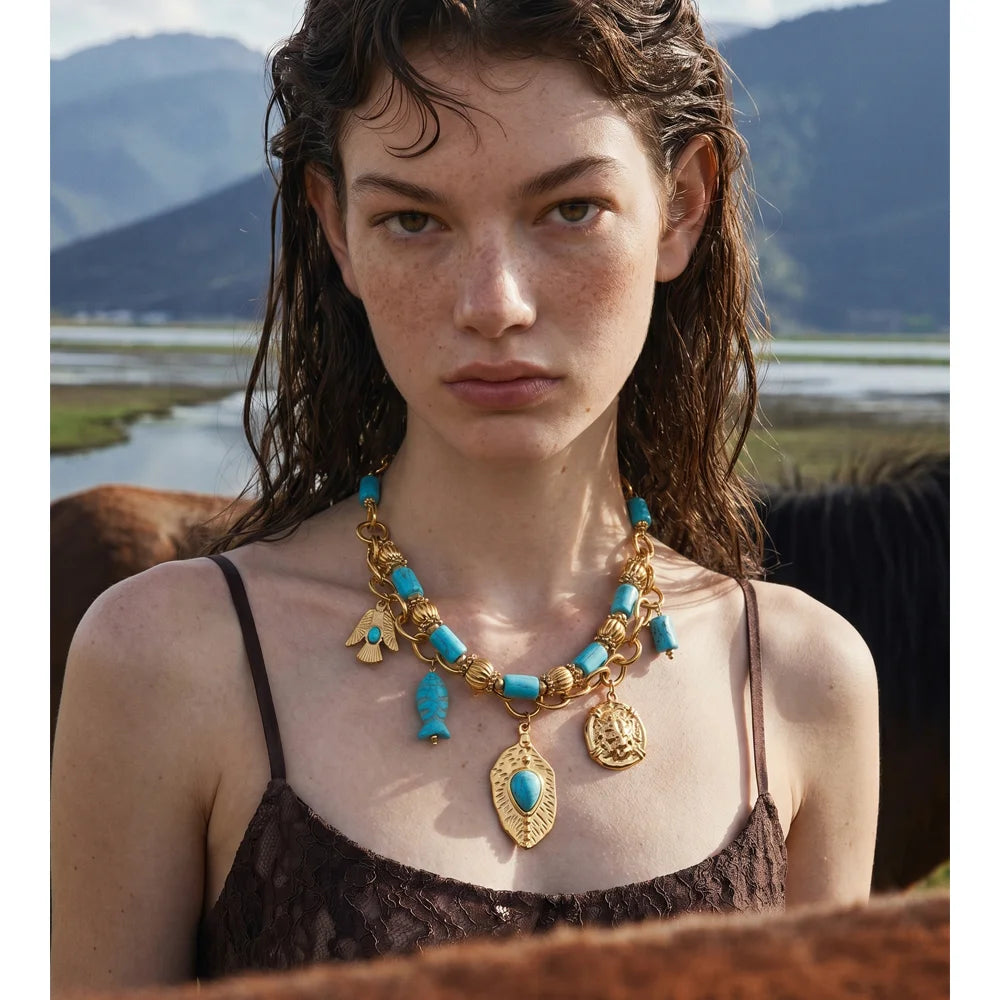 Isalene  Necklaces Turquoise Gold Santorini Charm Necklace