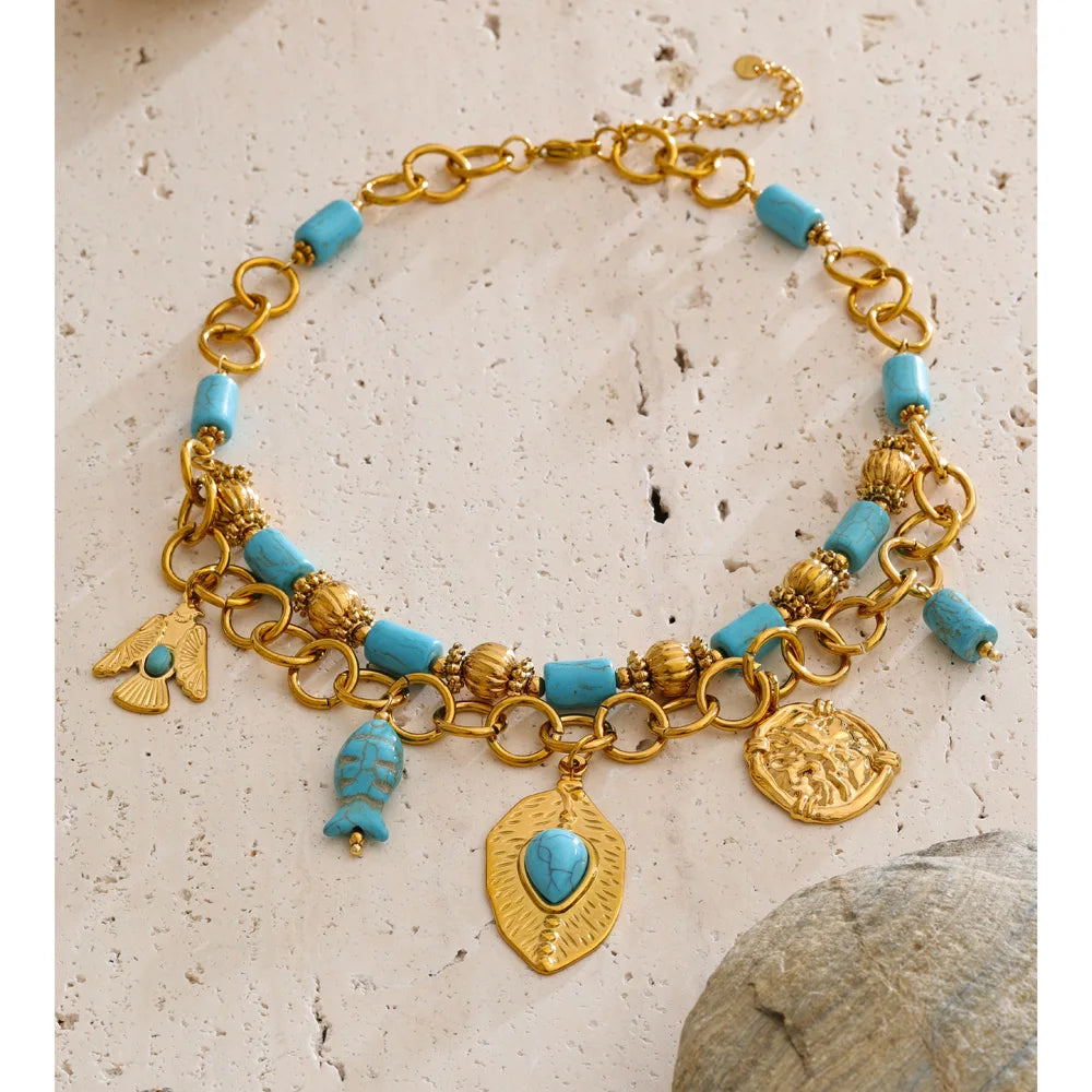 Isalene  Necklaces Turquoise Gold Santorini Charm Necklace