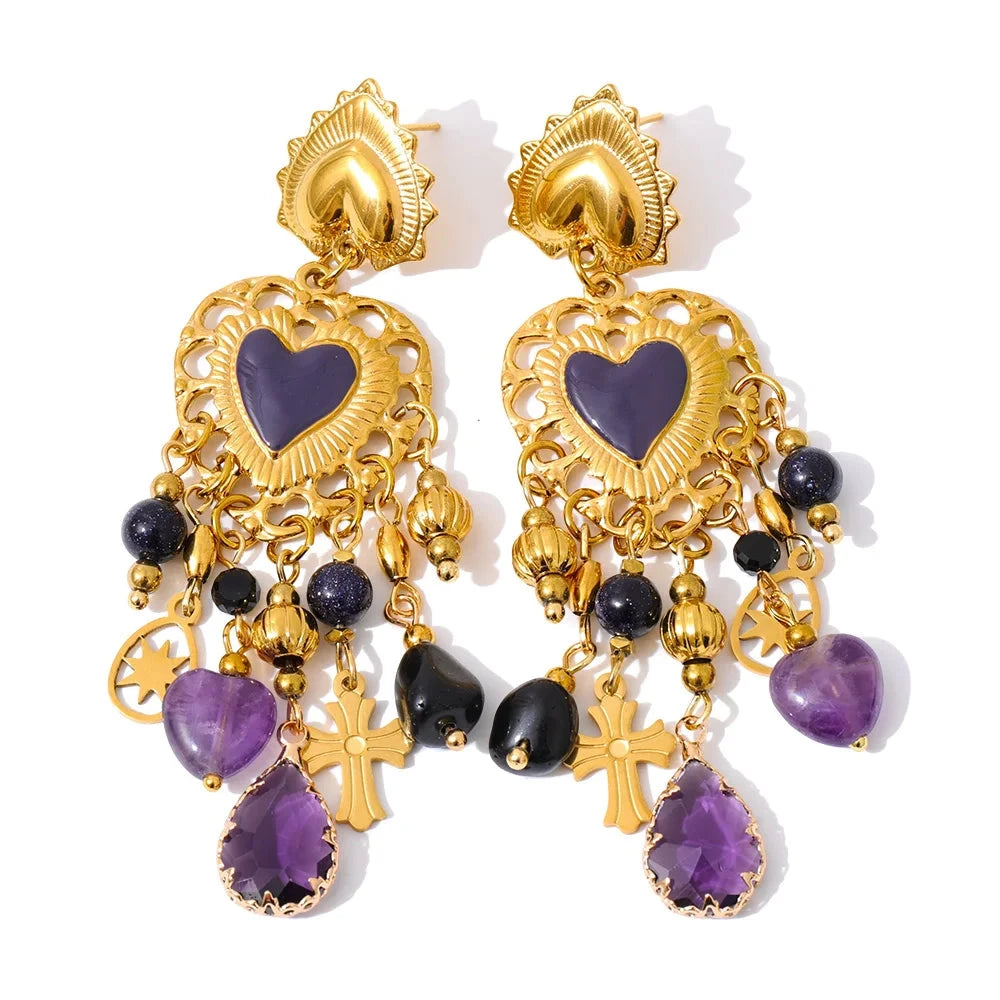 Isalene  YH1813A Yhpup Vintage Stainless Steel Heart Cross Key Charm Pendant Drop Earrings Golden Plated Crystal Resin Stone Waterproof Jewelry
