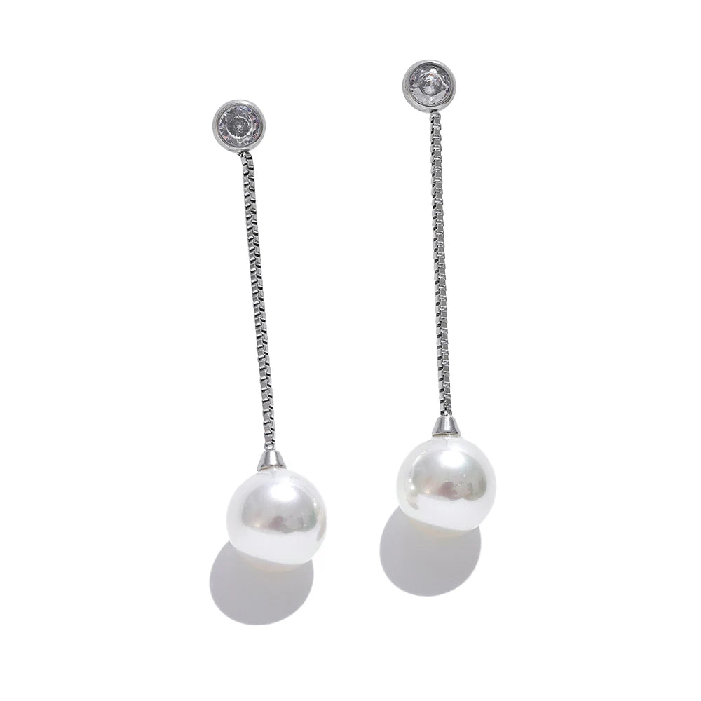 Isalene  YH322A Platinum Yhpup Korean Imitation Pearls Long Chain Hanging Dangle Earrings for Women Anti Allergic Stainless Steel Charm Daily Jewelry