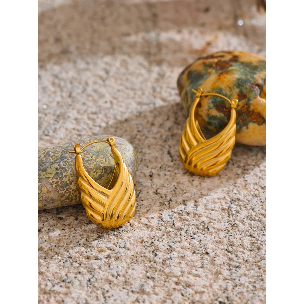 Isalene  YH3571A Yhpup Statement Stainless Steel Striped Hollow Geometric Hoop Earrings 18K Golden Plated Texture Daily Jewelry Waterproof