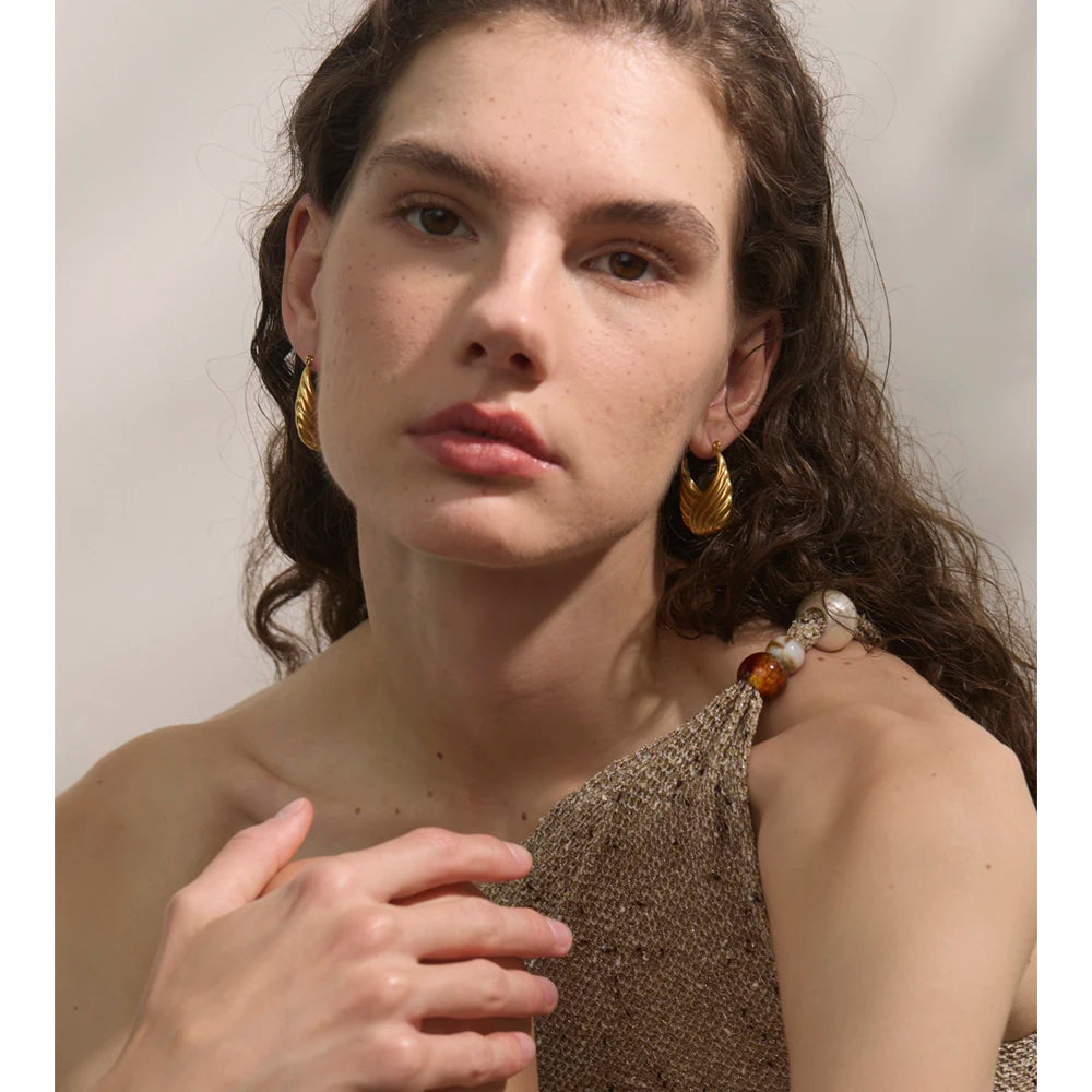 Isalene  YH3571A Yhpup Statement Stainless Steel Striped Hollow Geometric Hoop Earrings 18K Golden Plated Texture Daily Jewelry Waterproof