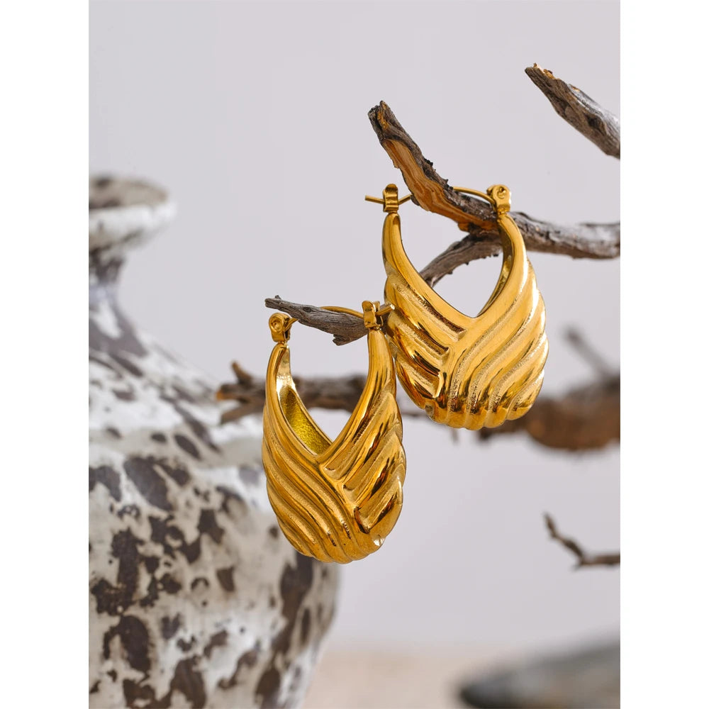 Isalene  YH3571A Yhpup Statement Stainless Steel Striped Hollow Geometric Hoop Earrings 18K Golden Plated Texture Daily Jewelry Waterproof