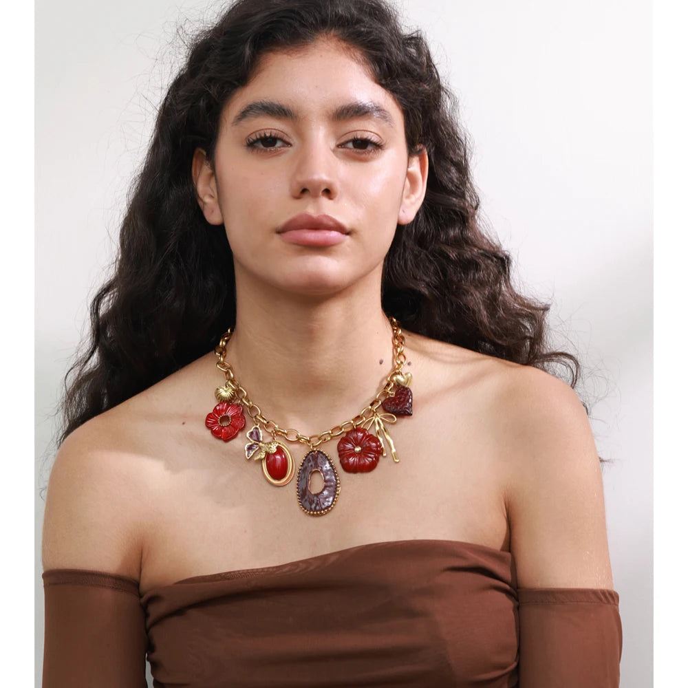 Isalene  YH433A Yhpup Red Resin Flower Charm Pendant Necklace 18K Golden PVD Plated Stainless Steel Statement New Arrivals Collar Jewelry 2025