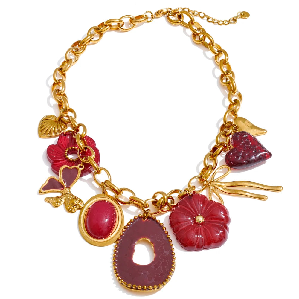 Isalene  YH433A Yhpup Red Resin Flower Charm Pendant Necklace 18K Golden PVD Plated Stainless Steel Statement New Arrivals Collar Jewelry 2025