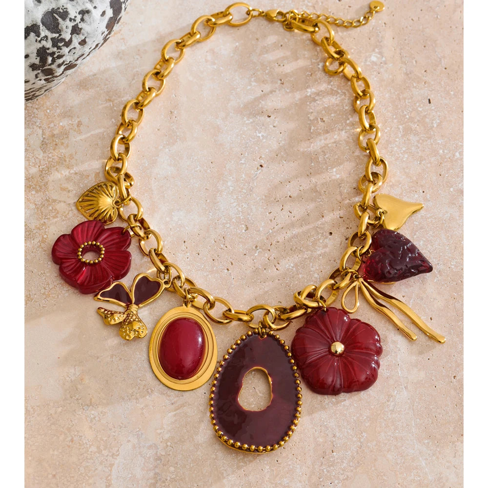 Isalene  YH433A Yhpup Red Resin Flower Charm Pendant Necklace 18K Golden PVD Plated Stainless Steel Statement New Arrivals Collar Jewelry 2025