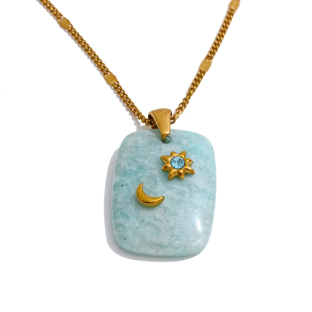 Isalene  YH4592A Amazonite Yhpup Natural Stone Amazonite Amethyst Pink Quartz Star Moon Rectangle Pendant Necklace Stainless Steel French Jewelry Gift