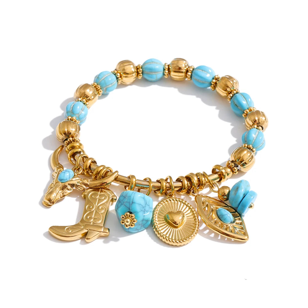 Isalene  YH6182A Gold Yhpup 2026 Stainless Steel Handmade Jewelry Turquoise Stone Beads Chain Shoes Heart Leaf Drop Charm Statement Bracelet Bangle
