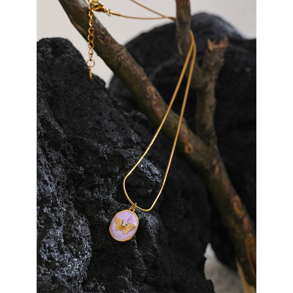Isalene  YH650A Yhpup Pink Enamel Butterfly Gilding Geometric Pendant Stainless Steel Collar Fashion Necklace for Women Korean Chic Jewelry Gift