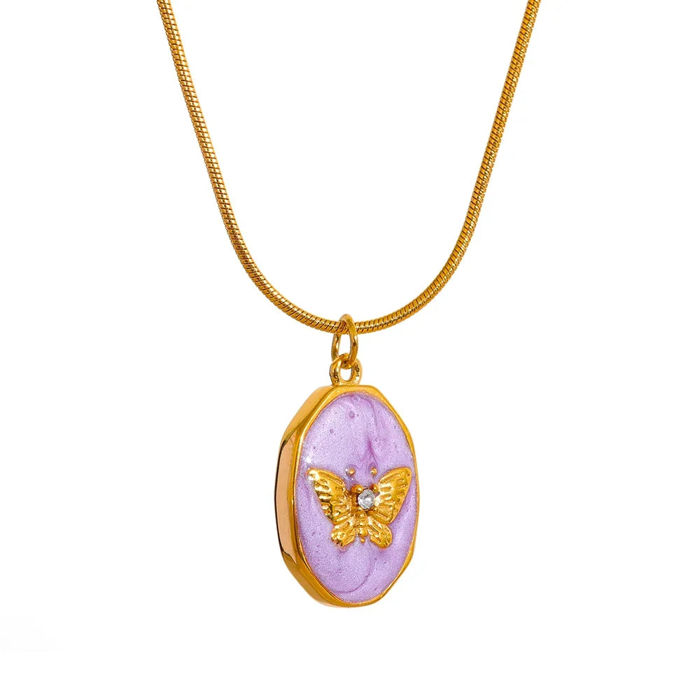 Isalene  YH650A Yhpup Pink Enamel Butterfly Gilding Geometric Pendant Stainless Steel Collar Fashion Necklace for Women Korean Chic Jewelry Gift
