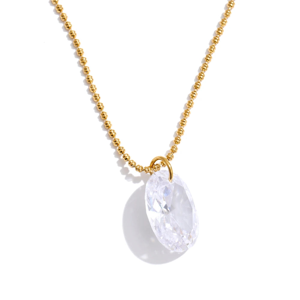 Isalene  YH7677A Gold Yhpup AAA Shiny Bling Cubic Zirconia Oval Necklace Pendant Stainless Steel Chain Collar Premium Jewelry Waterproof