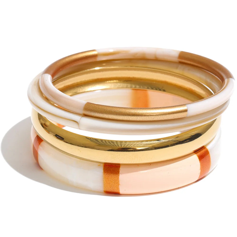 Isalene  YH7880A Beige Yhpup 65mm 1Set Stainless Steel Resin Round Layered Bangle Bracelet Multi-Color Autumn Winter Statement Jewelry Waterproof
