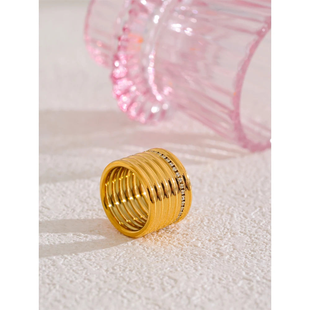 Isalene  Yhpup 18K PVD Plated Inlaid Zirconia Layered Round Wide Ring 316L Stainless Steel Popular 2025 Jewelry Accessories Gift